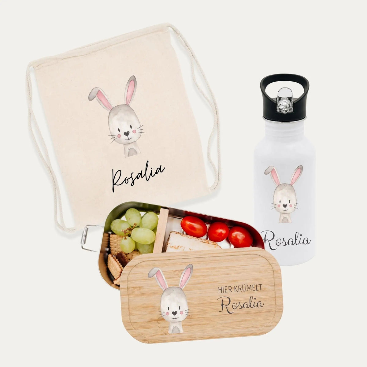 Schul-Start Bundle - Turnbeutel, Brotdose + Kinder Trinkflasche weiß personalisiert - Tier Aquarell - wunderwunsch