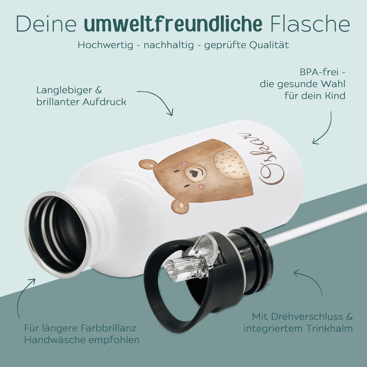 Schul-Start Bundle - Turnbeutel, Brotdose + Kinder Trinkflasche weiß personalisiert - Tier Aquarell - wunderwunsch