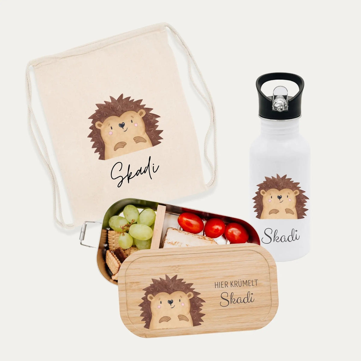 Schul-Start Bundle - Turnbeutel, Brotdose + Kinder Trinkflasche weiß personalisiert - Tier Aquarell - wunderwunsch