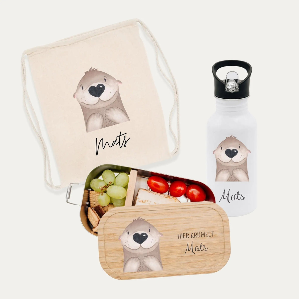 Schul-Start Bundle - Turnbeutel, Brotdose + Kinder Trinkflasche weiß personalisiert - Tier Aquarell - wunderwunsch