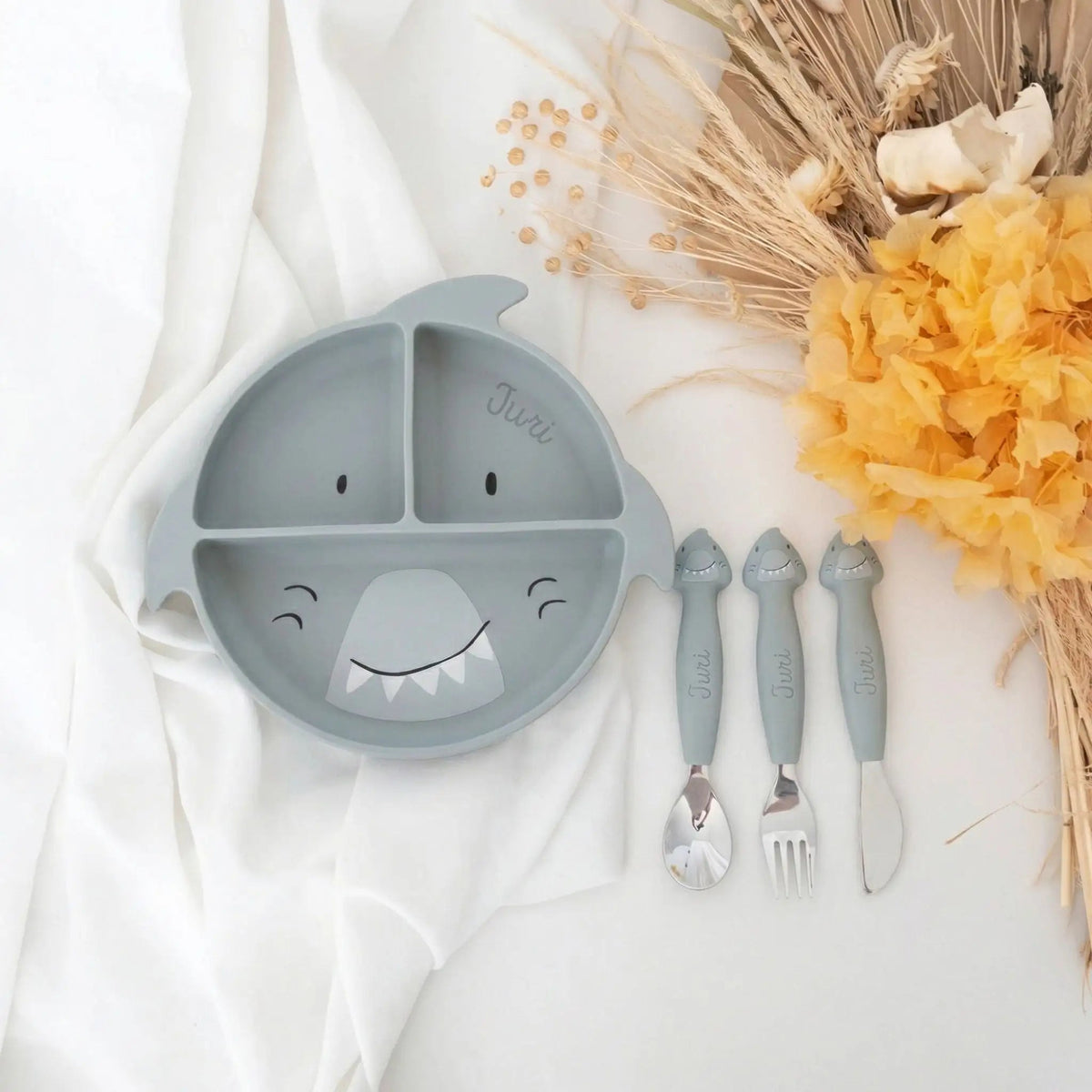 SET Silikon-Esslernteller mit Saugnapf + Besteck - Tier - wunderwunsch