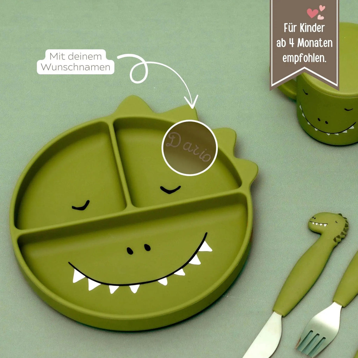 SET Silikon-Esslernteller mit Saugnapf + Besteck - Tier - wunderwunsch