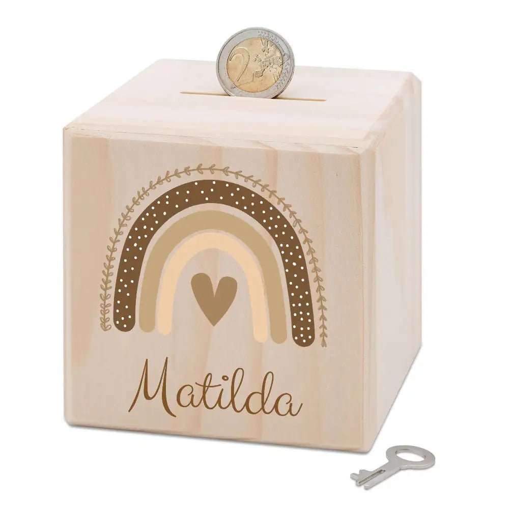Spardose Holz personalisiert - Regenbogen Boho beige Aquarell - wunderwunsch