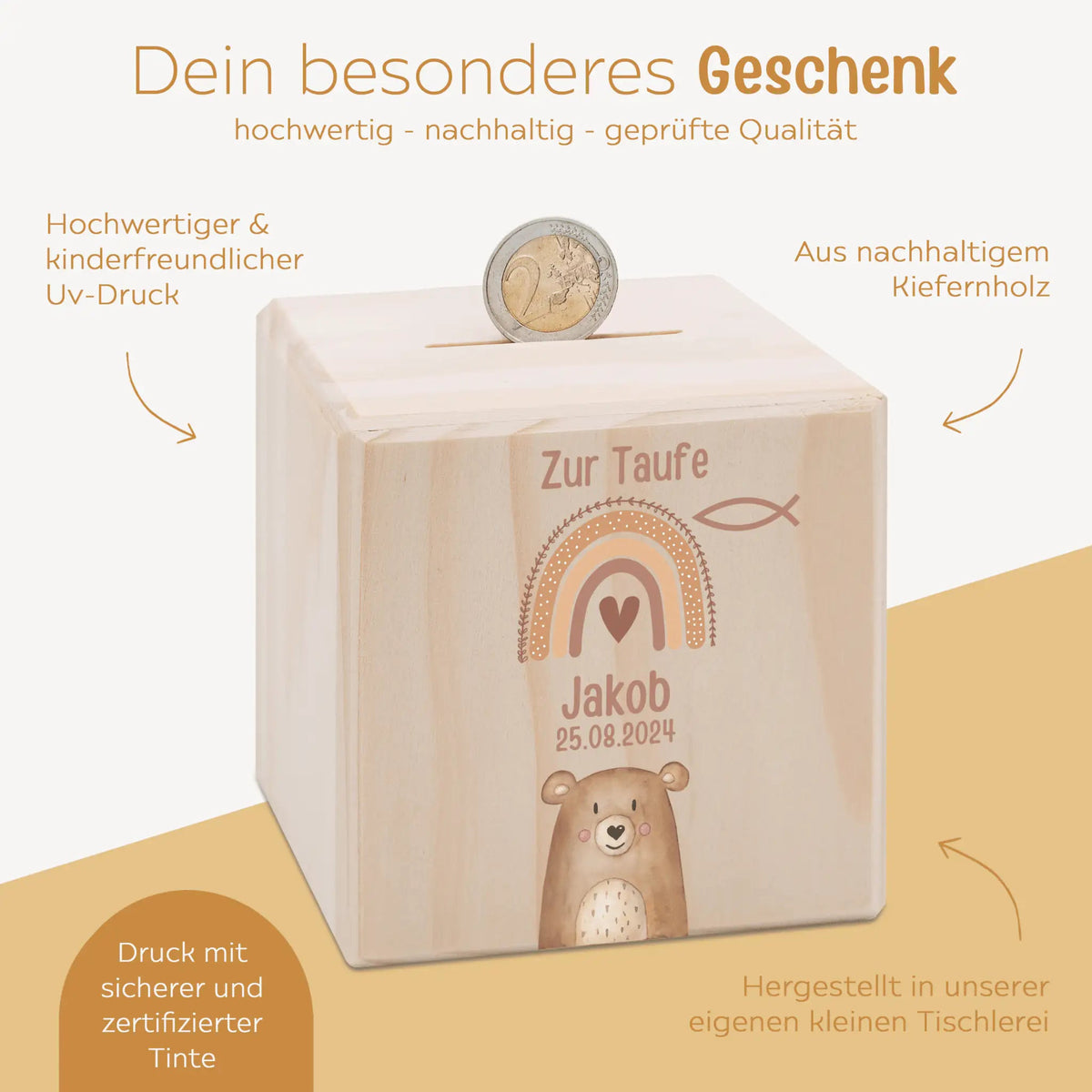 Spardose Holz personalisiert - Taufe Tier Aquarell - wunderwunsch