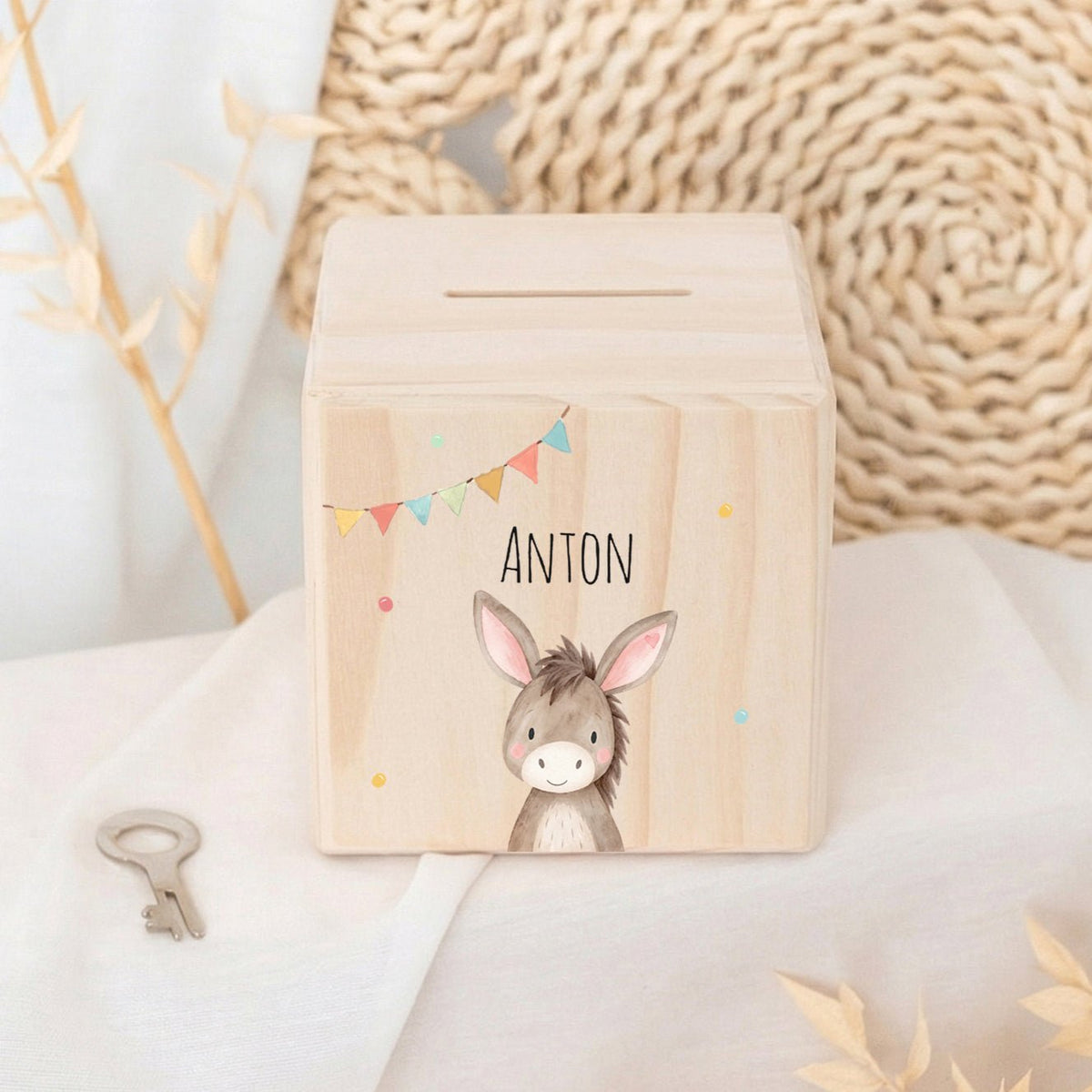 Spardose Holz personalisiert - Tier Girlande Aquarell - wunderwunsch