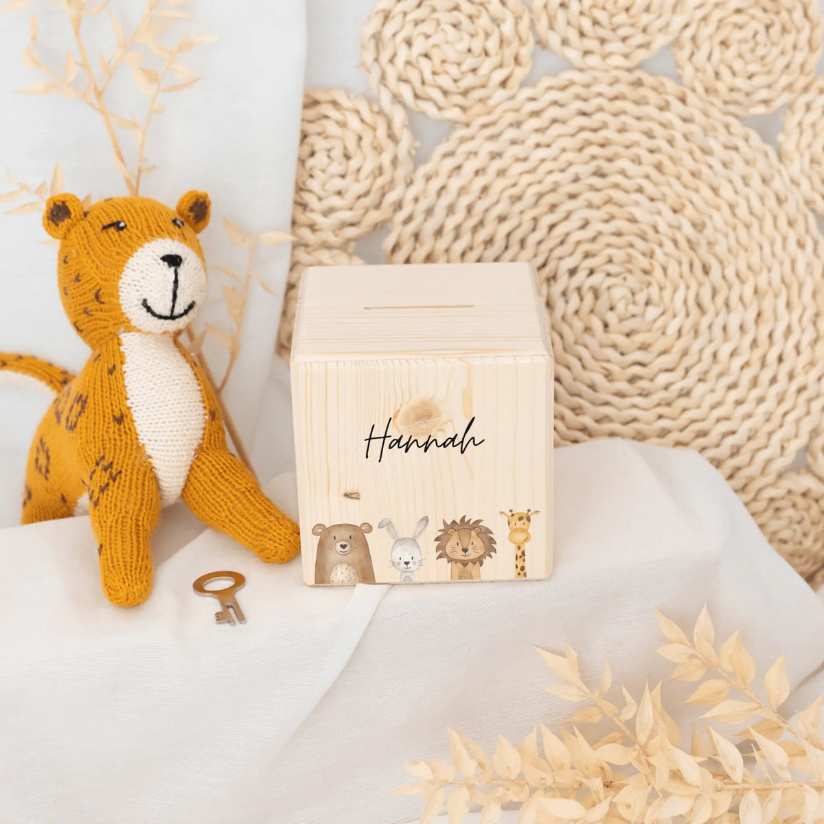 Spardose Holz personalisiert - Tiere unten/ Dinos unten Aquarell - wunderwunsch
