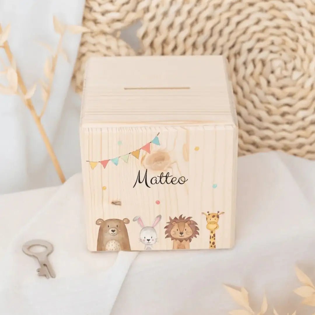 Spardose Holz personalisiert - Tiere unten Girlande Aquarell - wunderwunsch