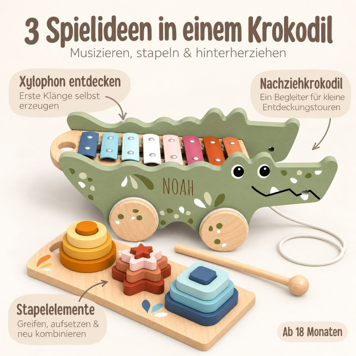 SPEEDY MONEKY 3in1 Nachziehtier Krokodil personalisiert - wunderwunsch