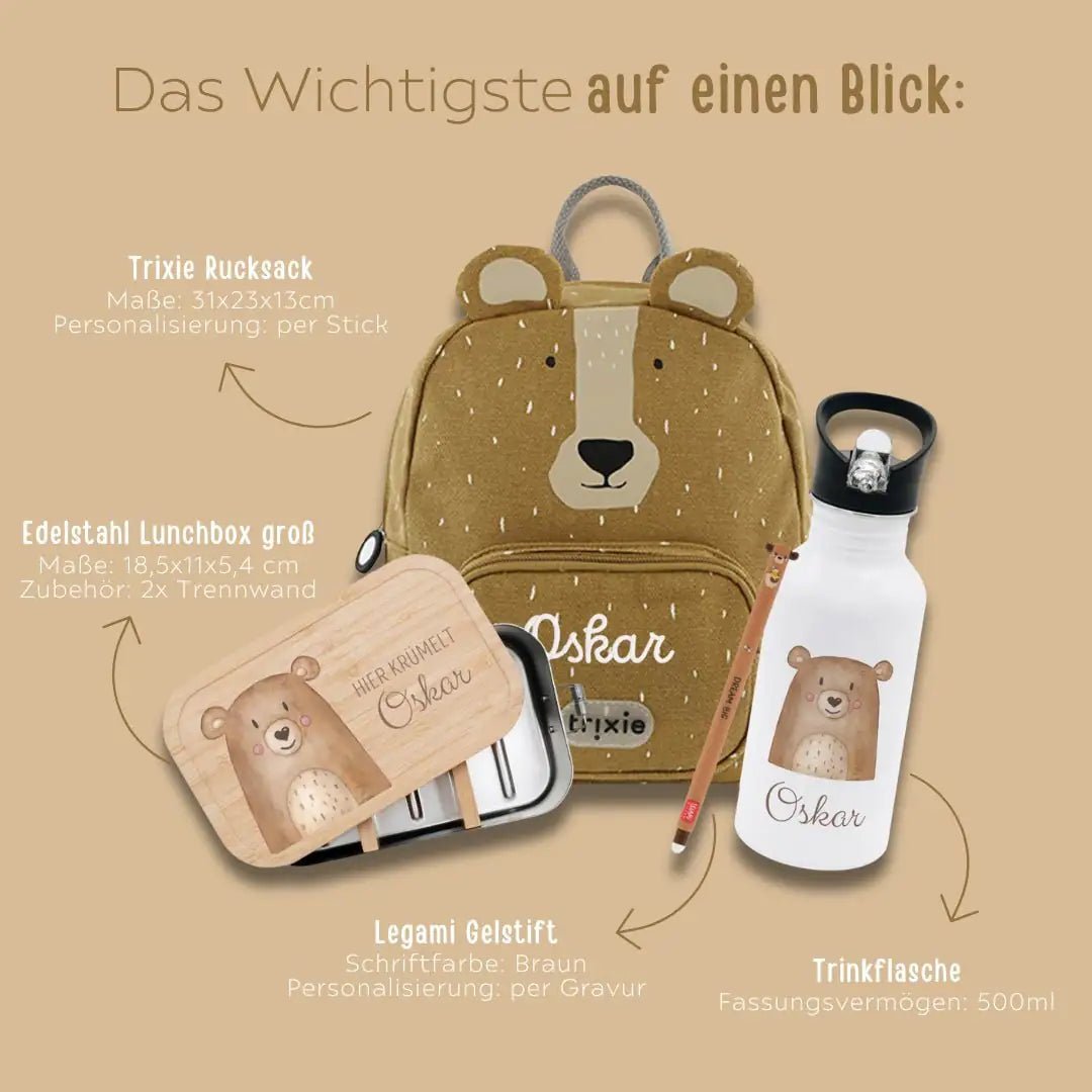 Starter-Geschenkset "Bär" personalisiert: Rucksack, Lunchbox, Flasche, Stift - wunderwunsch