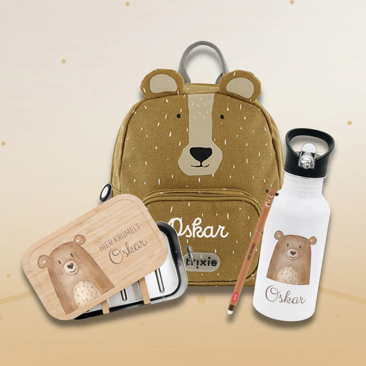 Starter-Geschenkset "Bär" personalisiert: Rucksack, Lunchbox, Flasche, Stift - wunderwunsch