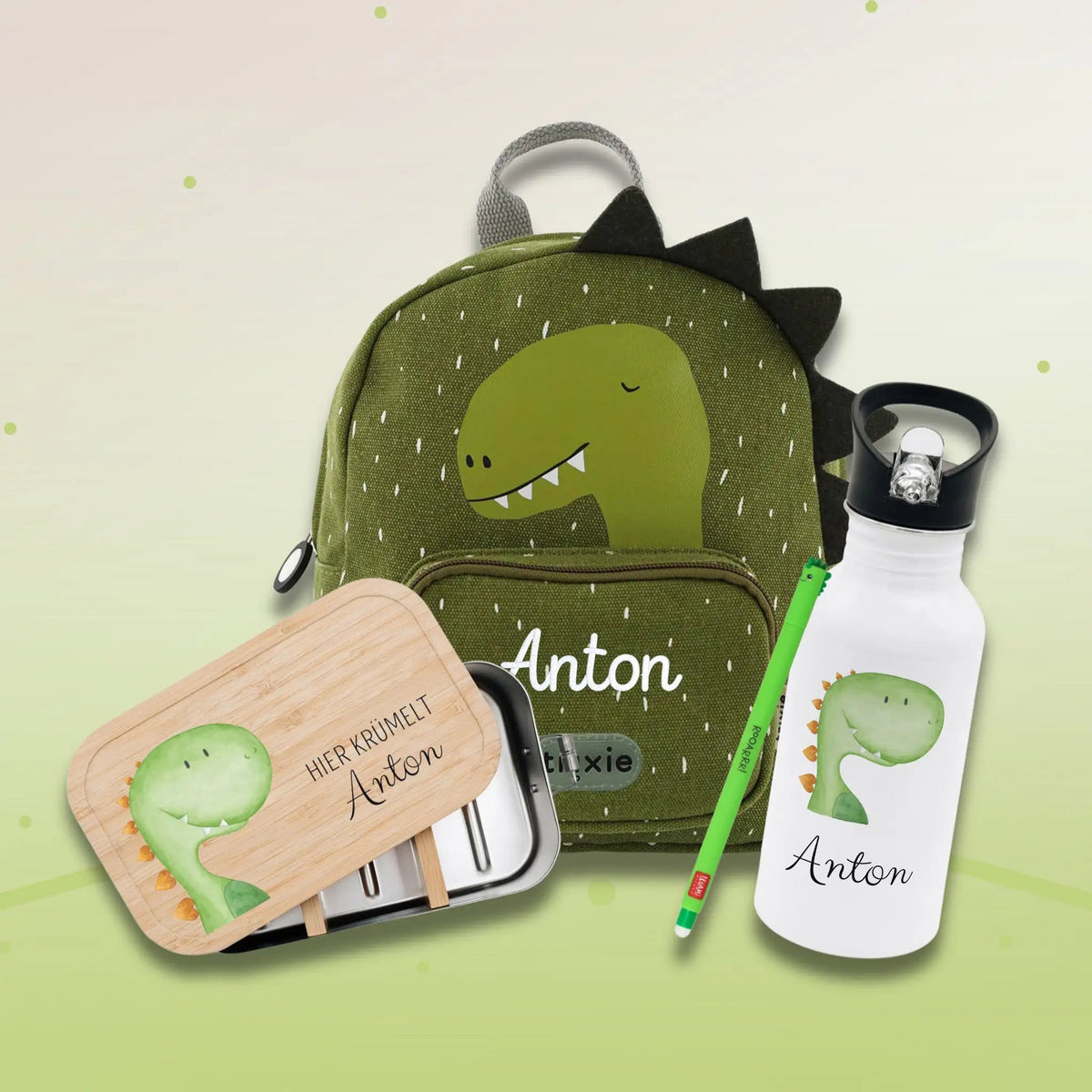 Starter-Geschenkset "Dino" personalisiert: Rucksack, Lunchbox, Flasche, Stift - wunderwunsch