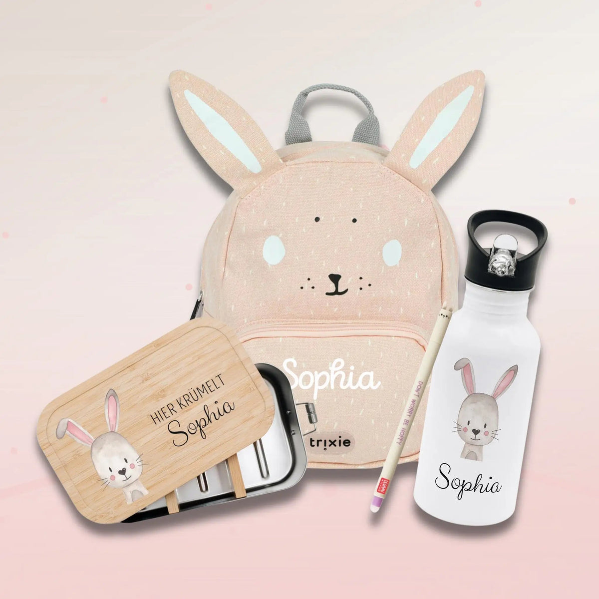 Starter-Geschenkset "Hase" personalisiert: Rucksack, Lunchbox, Flasche, Stift - wunderwunsch