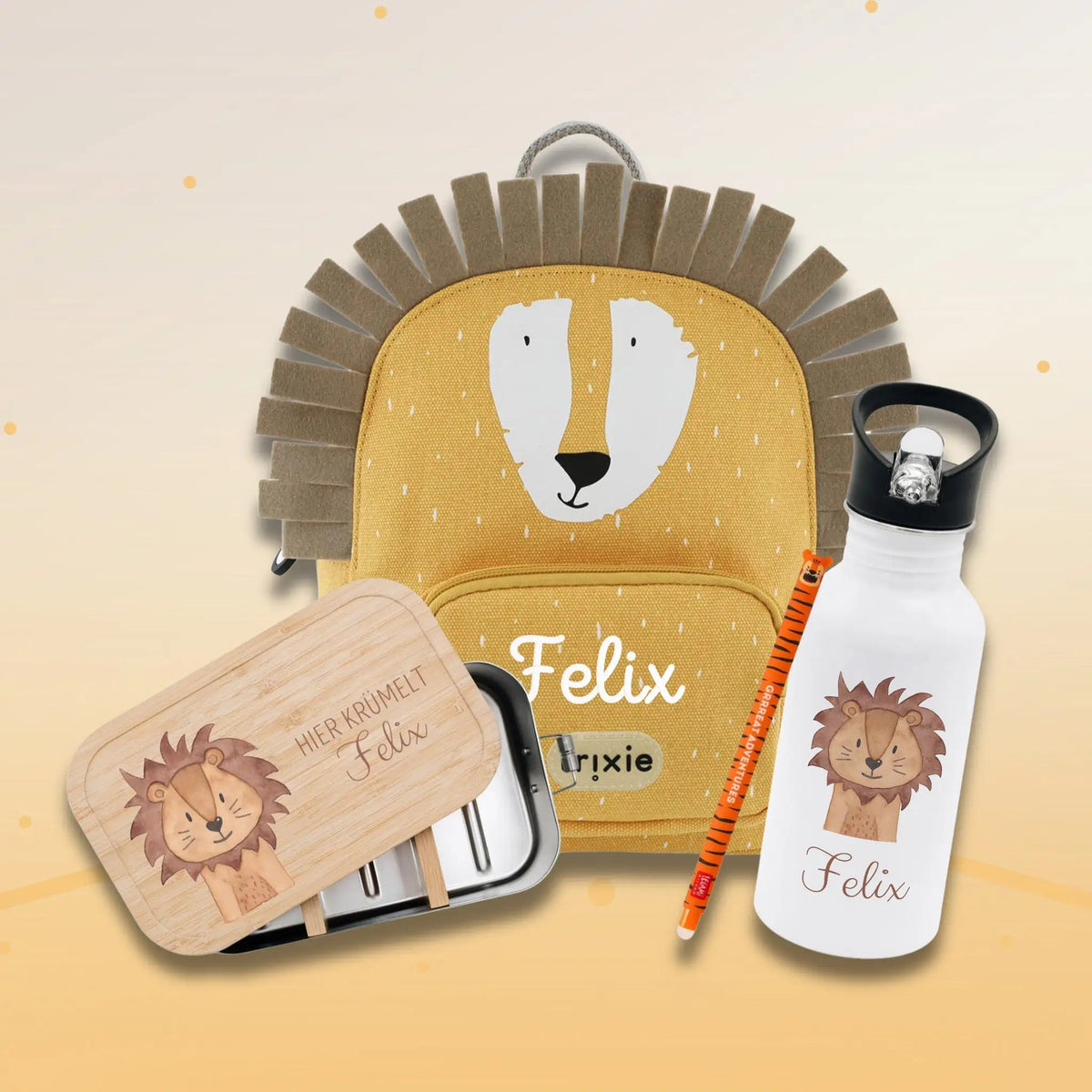 Starter-Geschenkset "Löwe" personalisiert: Rucksack, Lunchbox, Flasche, Stift - wunderwunsch