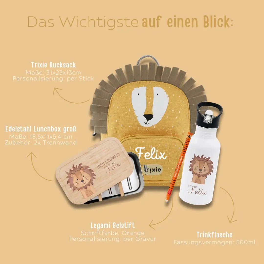 Starter-Geschenkset "Löwe" personalisiert: Rucksack, Lunchbox, Flasche, Stift - wunderwunsch