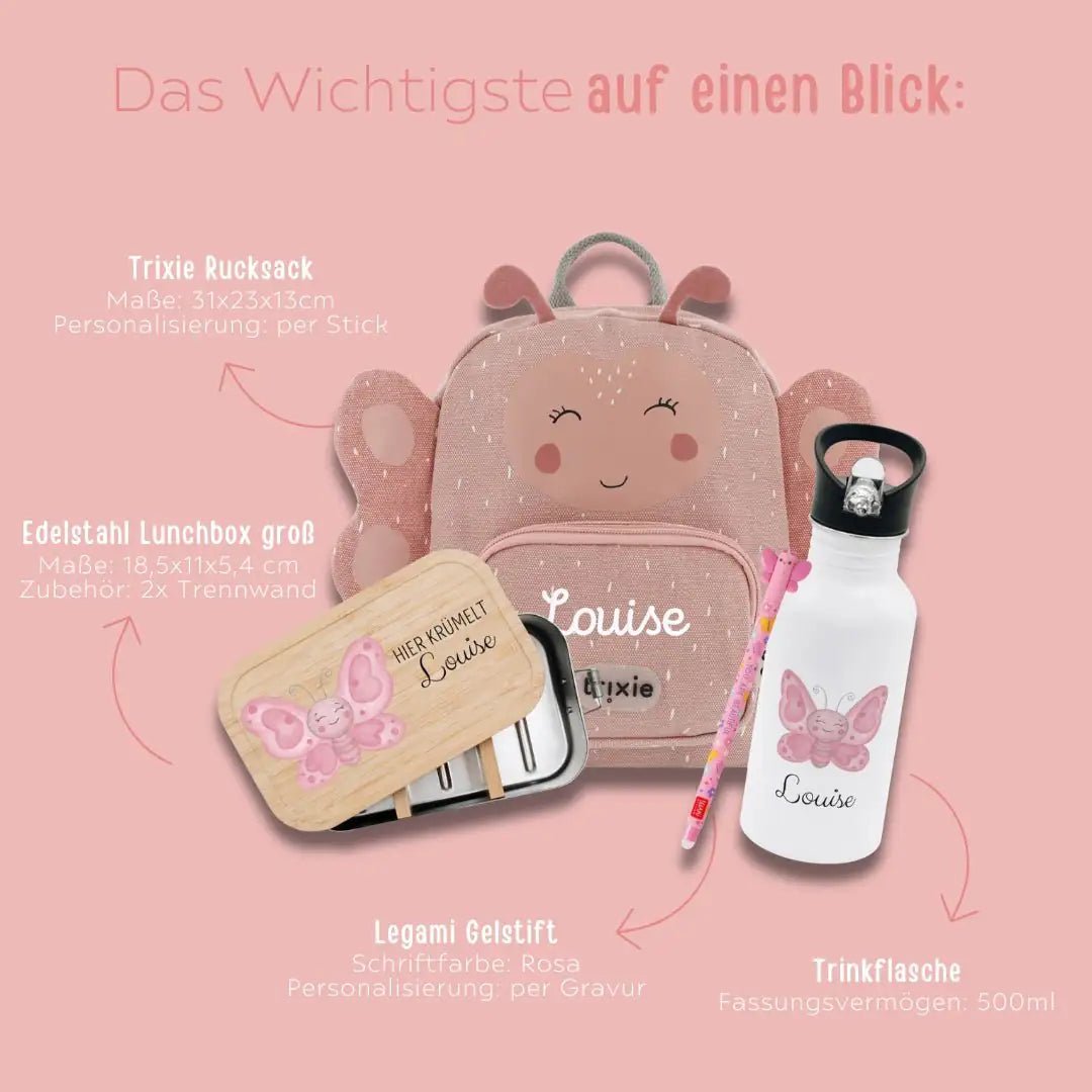Starter-Geschenkset "Schmetterling" personalisiert: Rucksack, Lunchbox, Flasche, Stift - wunderwunsch