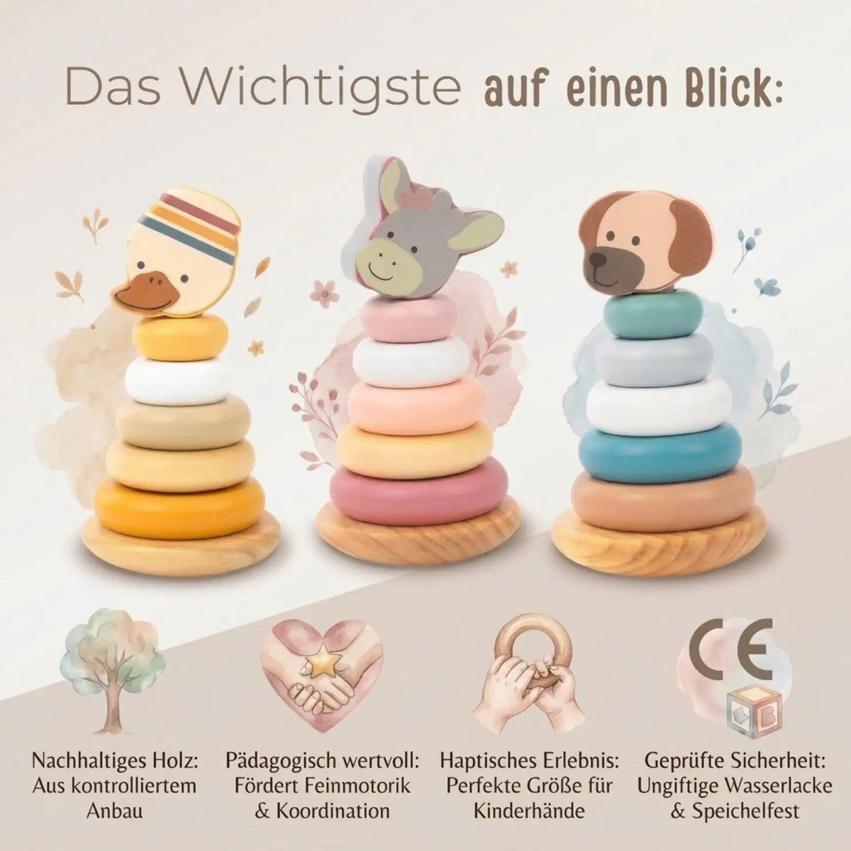 STERNTALER Stapelturm Holz personalisiert - Ente, Esel, Hund - wunderwunsch