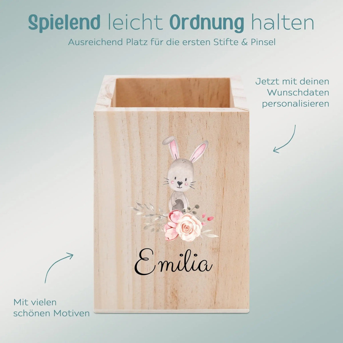 Stiftebecher Holz personalisiert - Blumen Tiere Aquarell - wunderwunsch