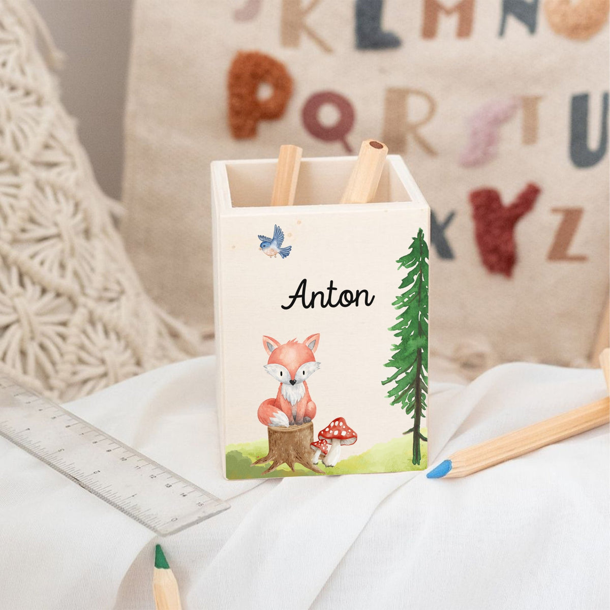 Stiftebecher Holz personalisiert - Ganzkörper Tier Aquarell - wunderwunsch