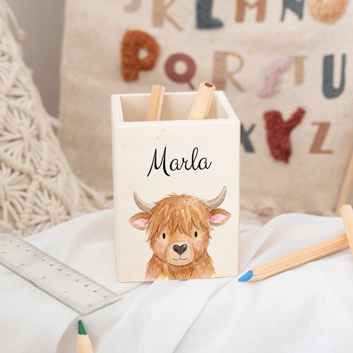 Stiftebecher Holz personalisiert - Tier Aquarell - wunderwunsch