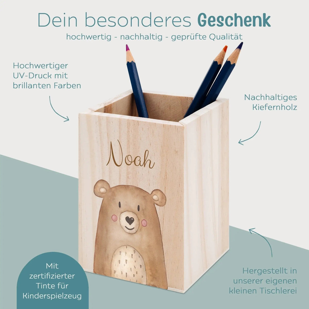 Stiftebecher Holz personalisiert - Tier Aquarell - wunderwunsch