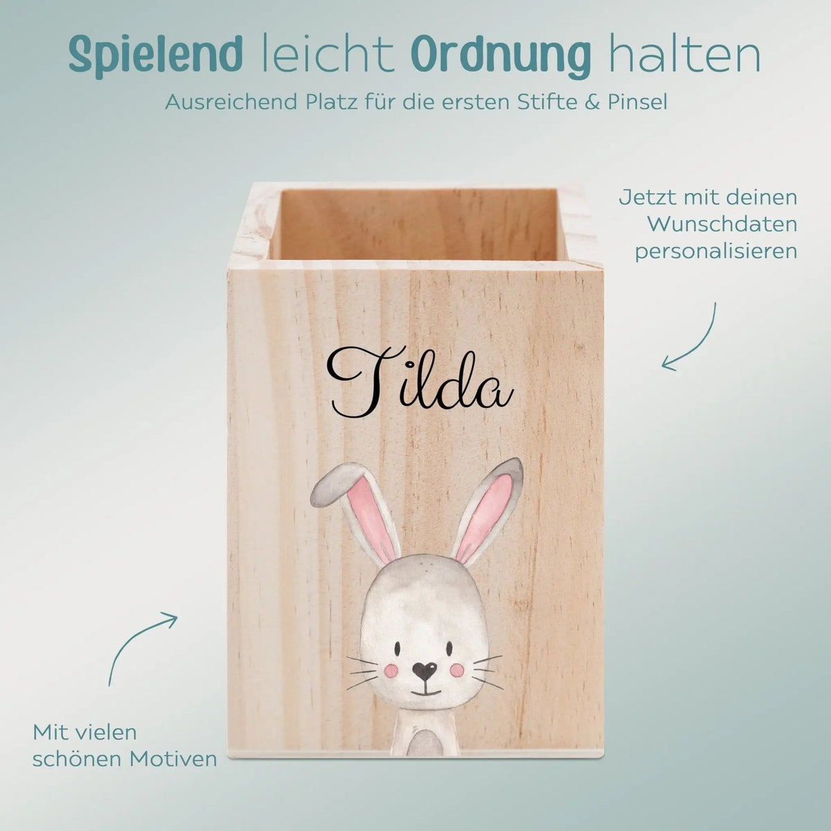 Stiftebecher Holz personalisiert - Tier Aquarell - wunderwunsch