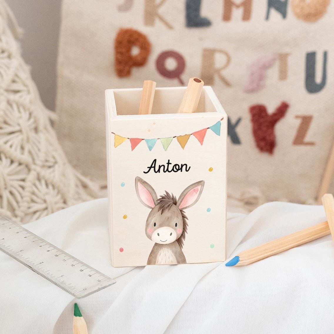 Stiftebecher Holz personalisiert - Tier Girlande Aquarell - wunderwunsch