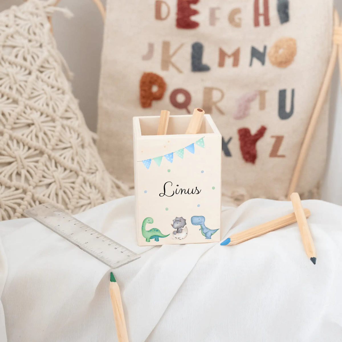 Stiftebecher Holz personalisiert - Tiere oder Dinos Girlande Aquarell - wunderwunsch