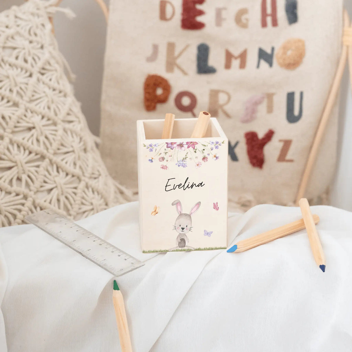 Stiftebecher Holz personalisiert - Tierischer Gartenzauber Aquarell - wunderwunsch