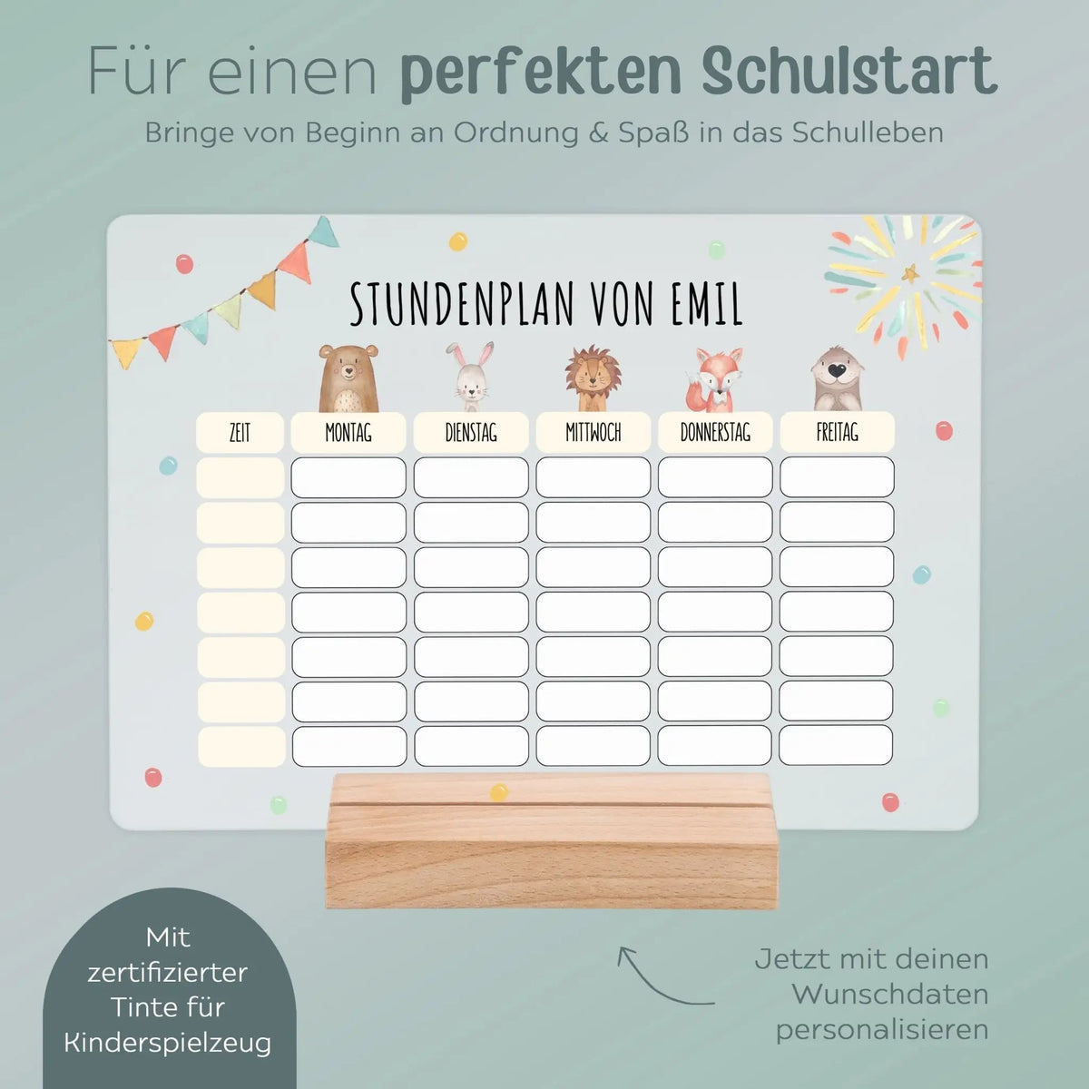 Stundenplan abwischbar personalisiert - Tiere oben Girlande - wunderwunsch