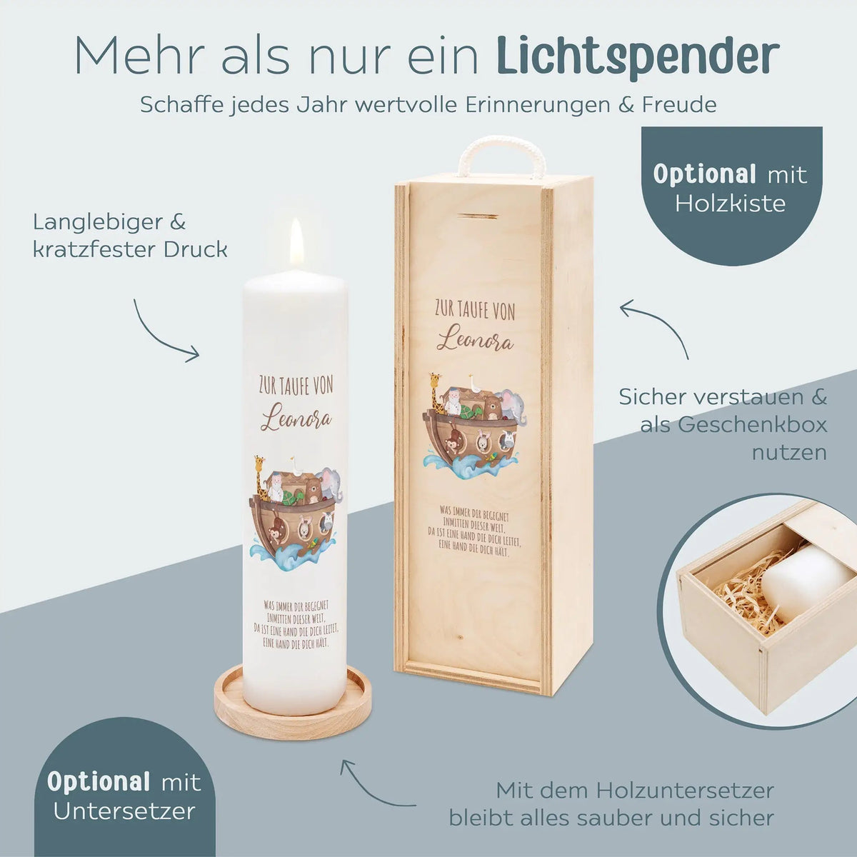 Taufkerze personalisiert - Arche Noah Tiere - wunderwunsch