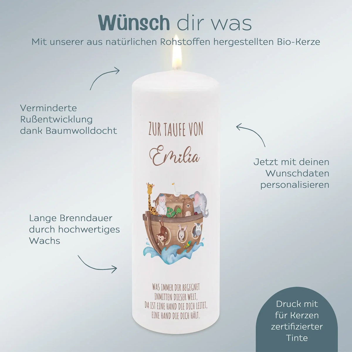 Taufkerze personalisiert - Arche Noah Tiere - wunderwunsch