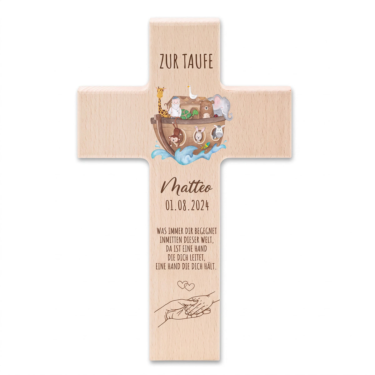 Taufkreuz aus Holz - Arche Noah Tiere Aquarell - wunderwunsch