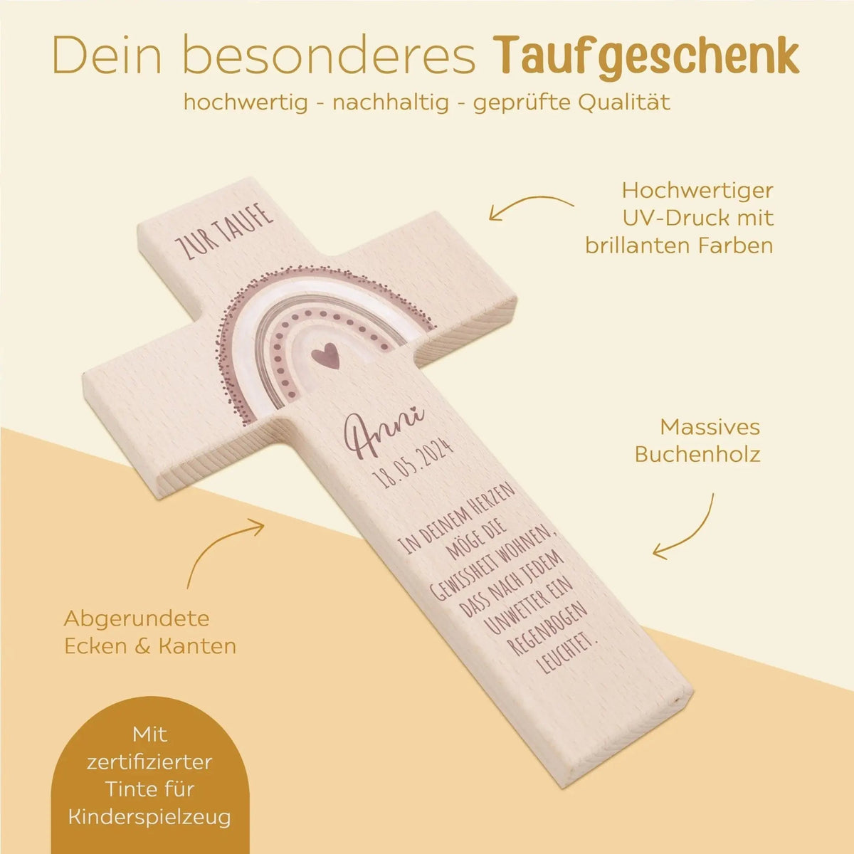 Taufkreuz aus Holz - Regenbogen Punkte Aquarell - wunderwunsch