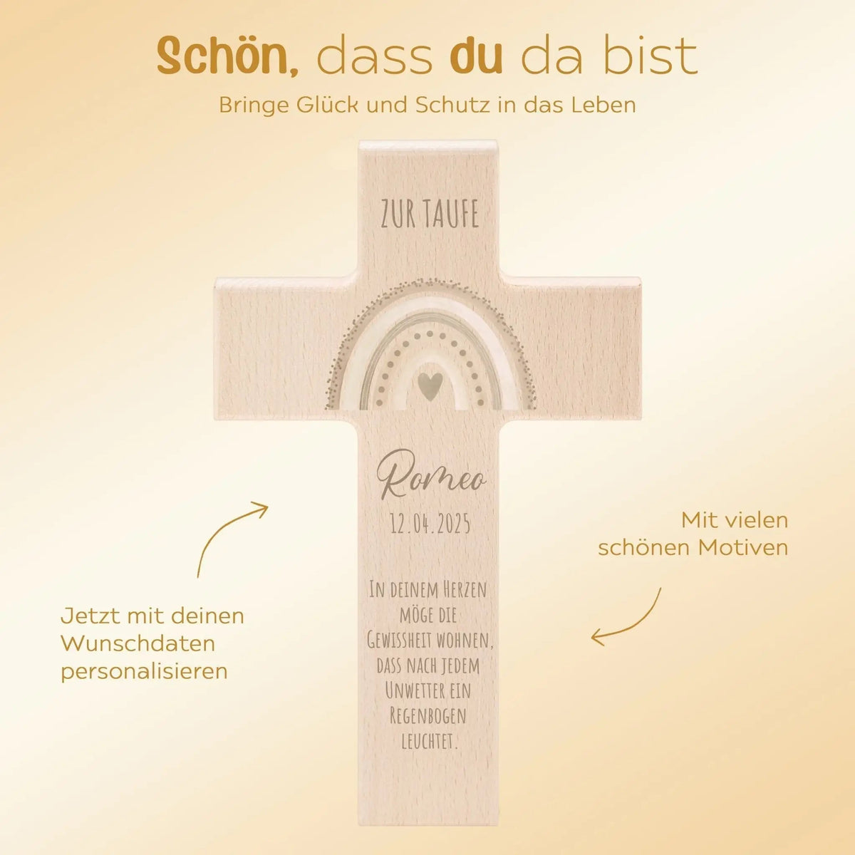 Taufkreuz aus Holz - Regenbogen Punkte Aquarell - wunderwunsch
