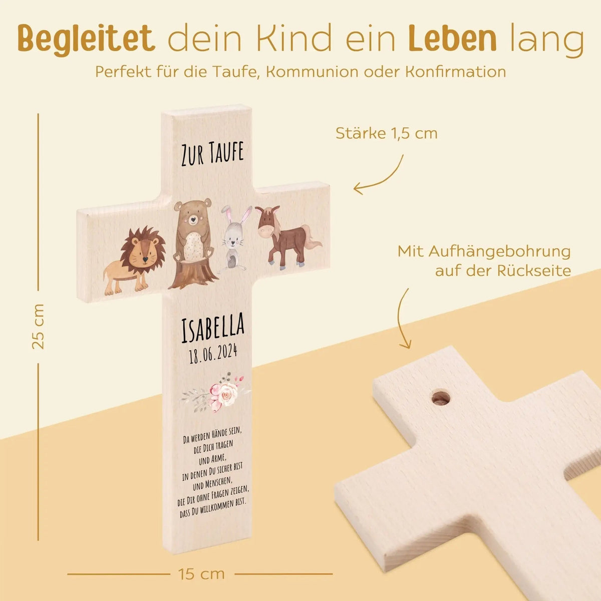 Taufkreuz aus Holz - Tiere Girlande oder Tiere Blumen Aquarell - wunderwunsch