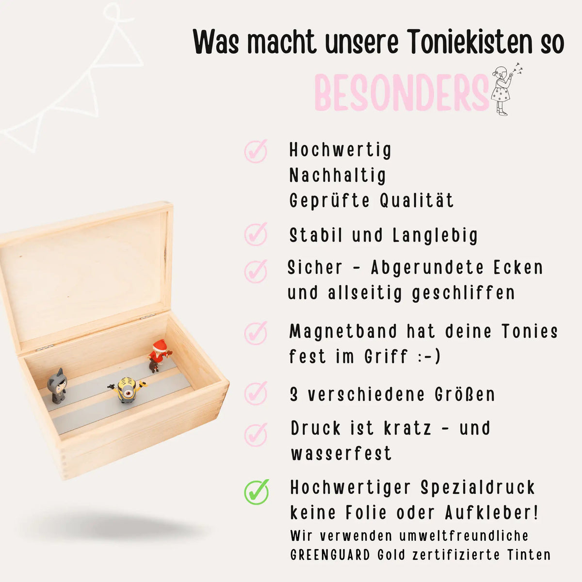 Toniefiguren Kiste Holz mit Magnetstreifen - Regenbogen Punkte Aquarell - wunderwunsch