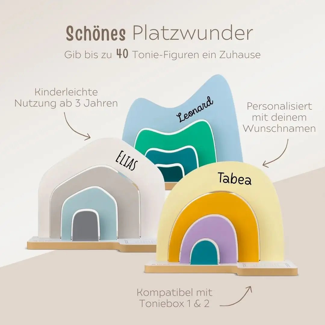 TONIES Standregal personalisiert - Regenbogen, Berg, Haus - wunderwunsch