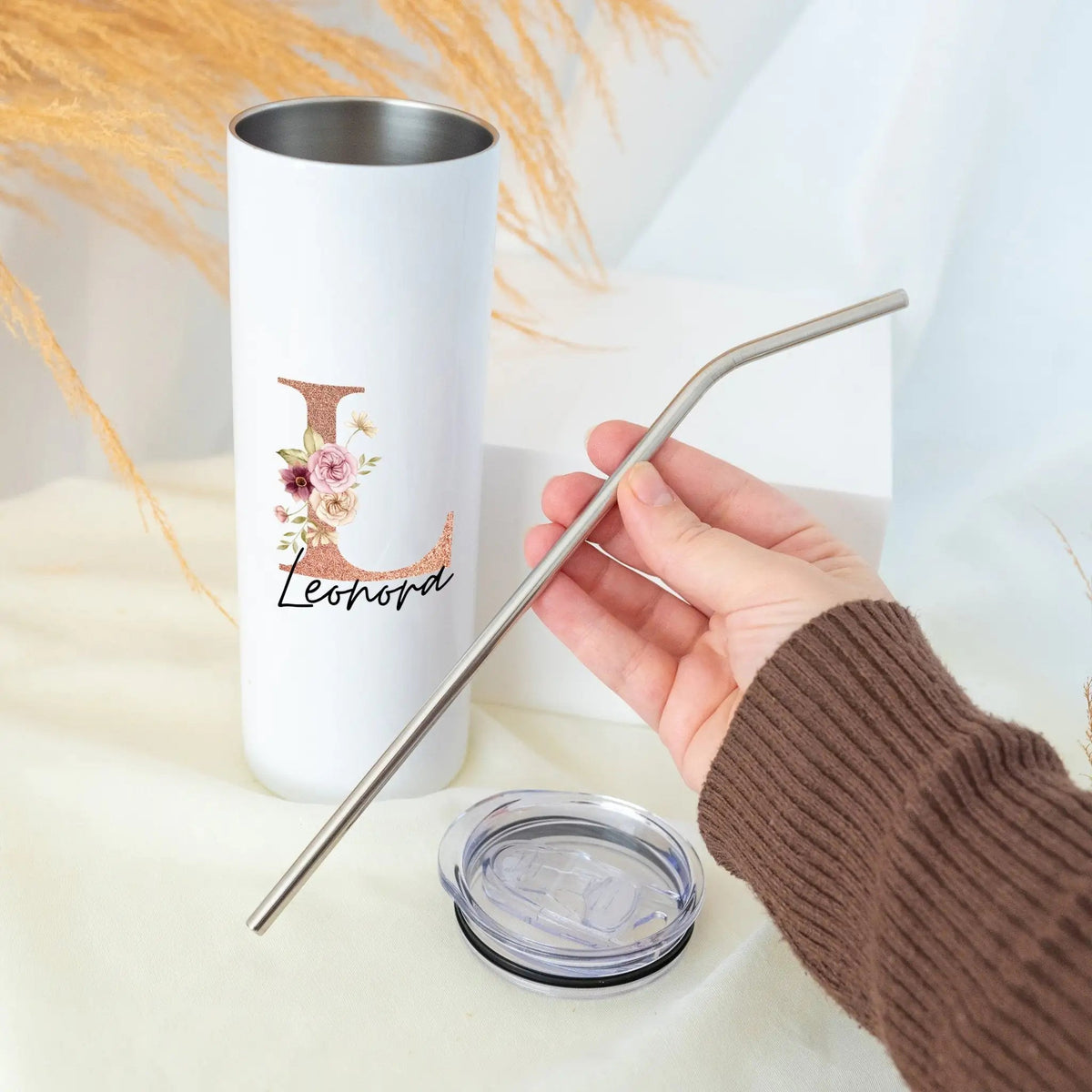 Trinkglas mit Strohhalm personalisiert - Glitzer Buchstabe - wunderwunsch