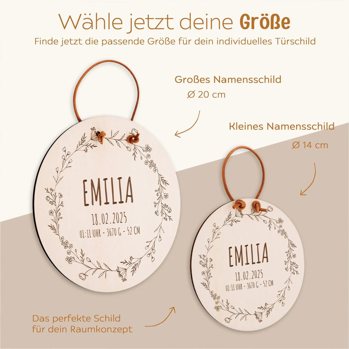 Türschild Kinderzimmer personalisiert - Geburtsdaten Blumenkranz - wunderwunsch