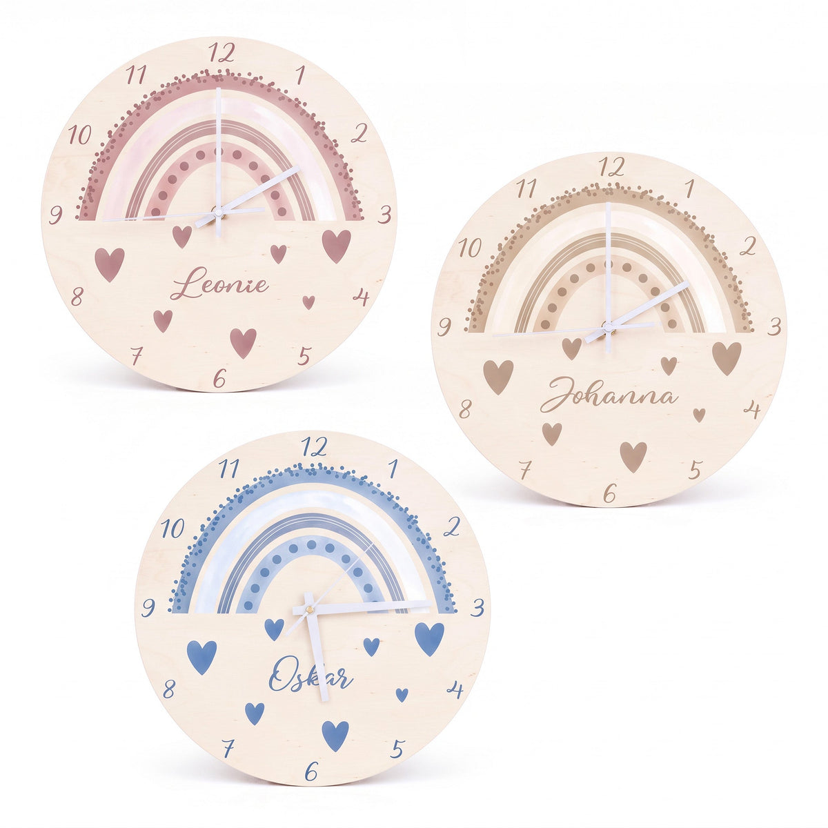 Wanduhr Kinder Holz personalisiert - Regenbogen Punkte Aquarell - wunderwunsch