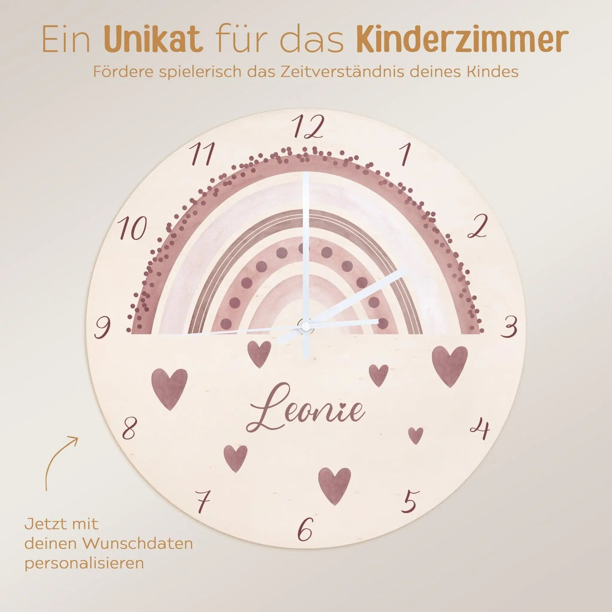 Wanduhr Kinder Holz personalisiert - Regenbogen Punkte Aquarell - wunderwunsch