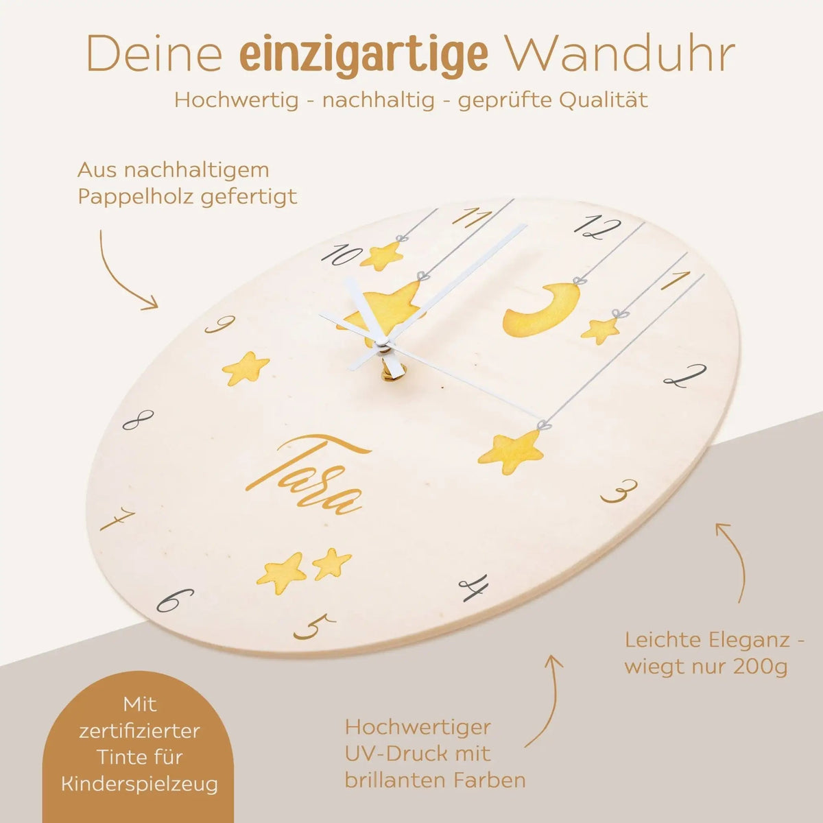 Wanduhr Kinder Holz personalisiert - Sterne - wunderwunsch