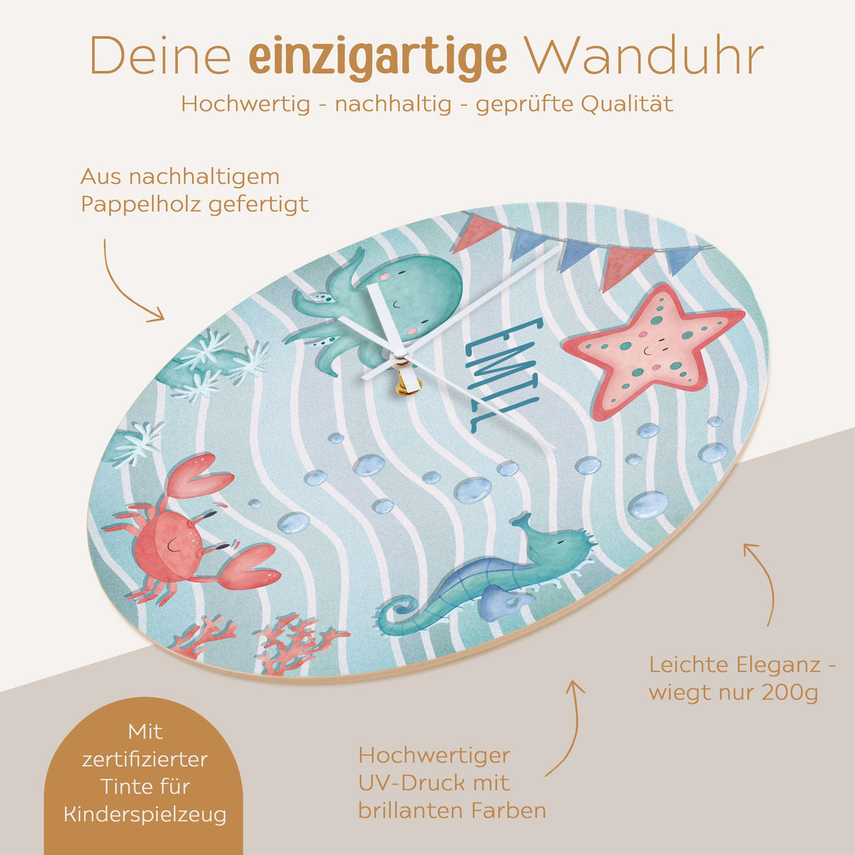 Wanduhr Kinder Holz personalisiert - Unterwassertiere - wunderwunsch