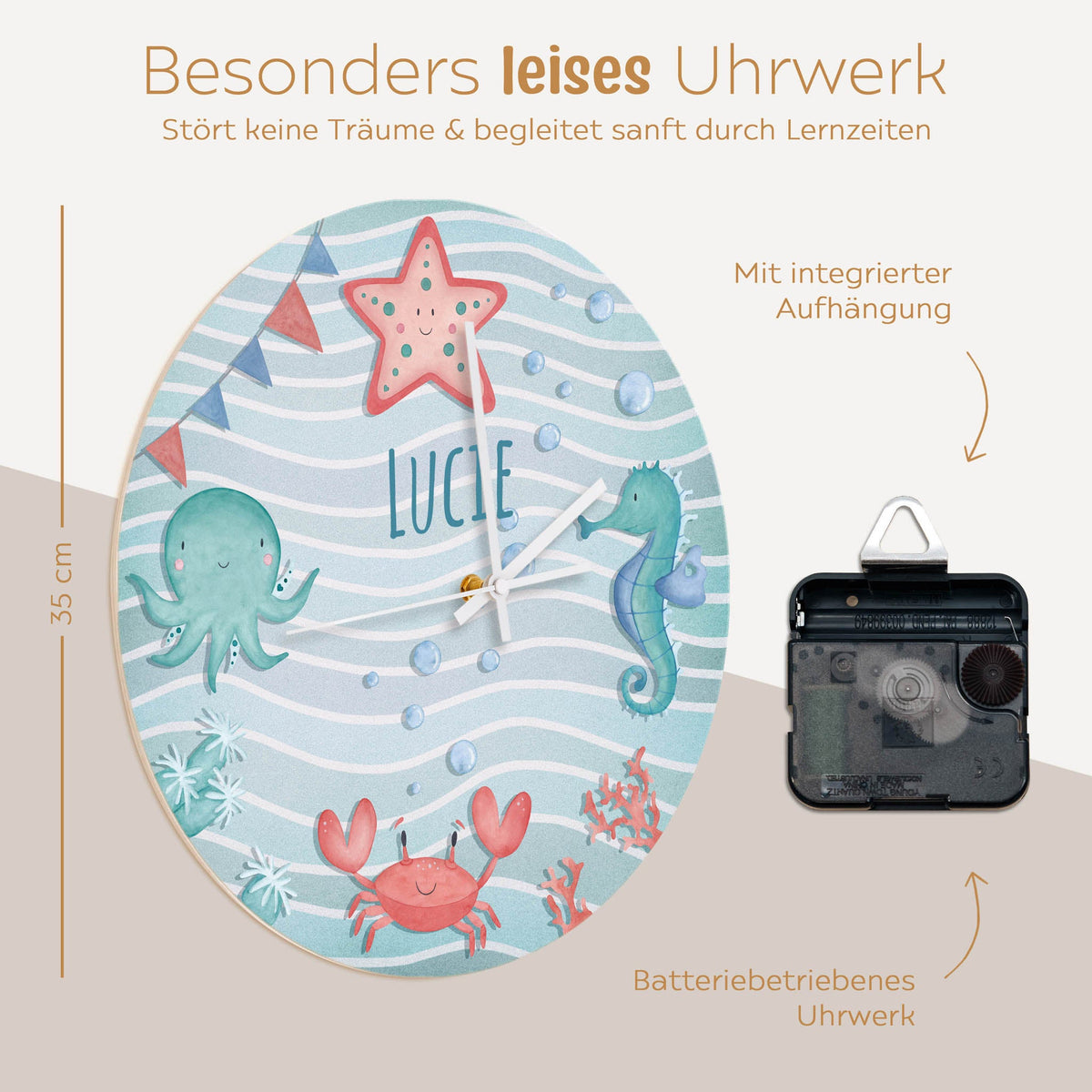 Wanduhr Kinder Holz personalisiert - Unterwassertiere - wunderwunsch