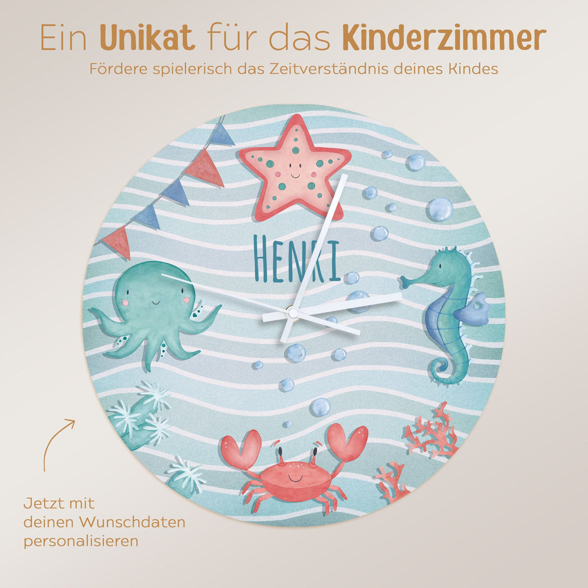Wanduhr Kinder Holz personalisiert - Unterwassertiere - wunderwunsch