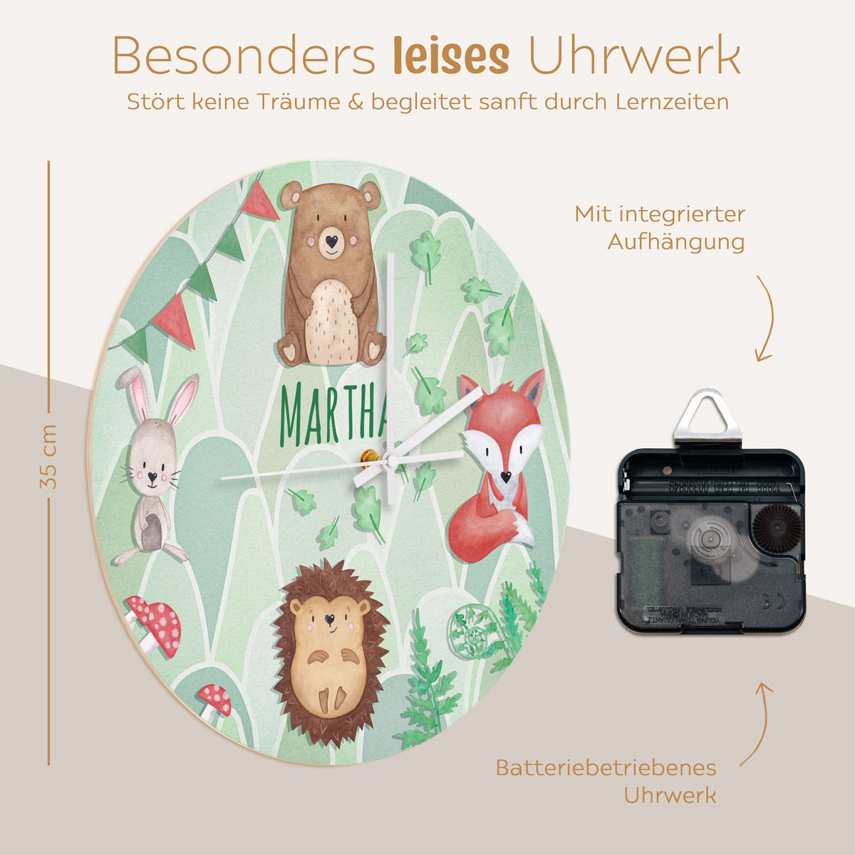 Wanduhr Kinder Holz personalisiert - Waldtiere - wunderwunsch