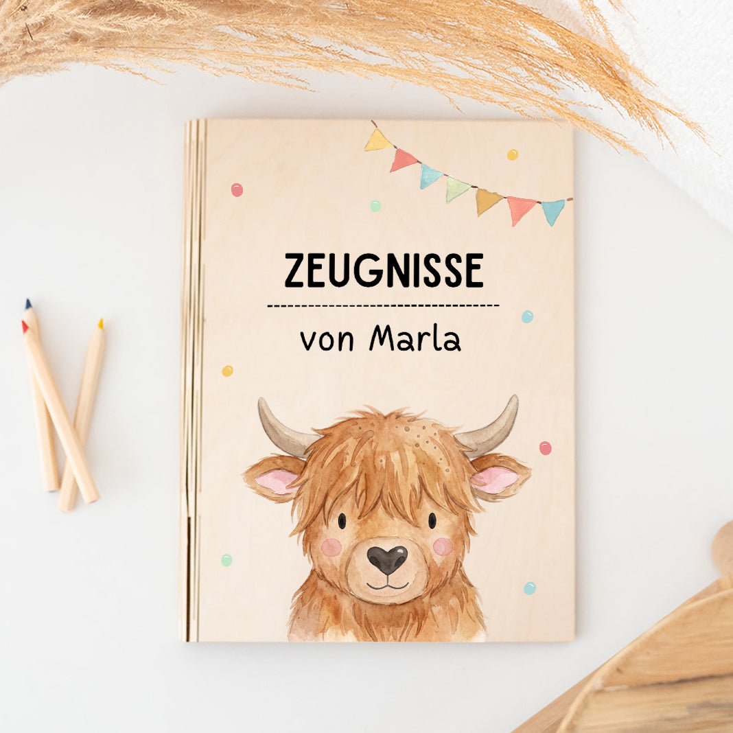 Zeugnismappe Holz personalisiert - Tier Girlande Aquarell - wunderwunsch