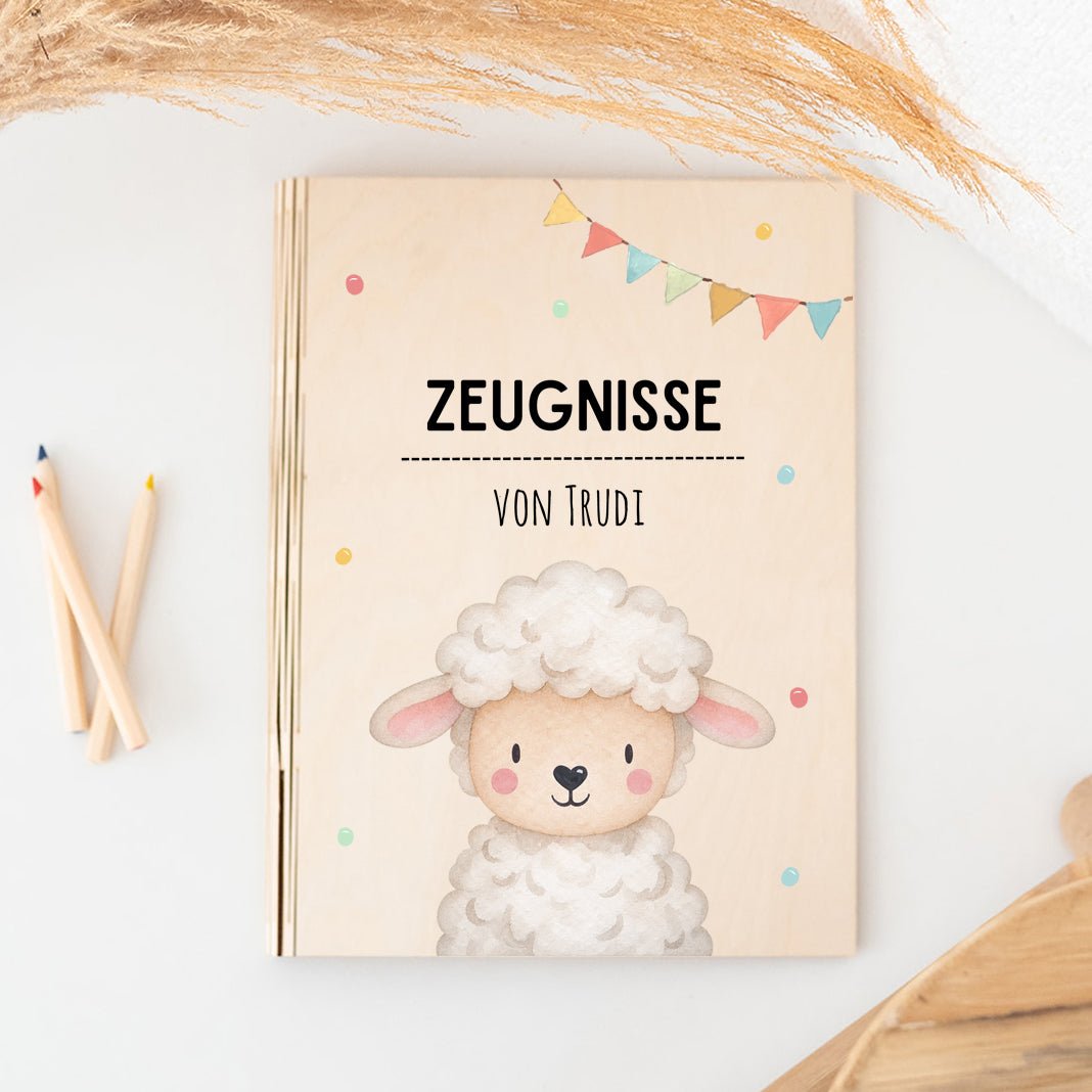 Zeugnismappe Holz personalisiert - Tier Girlande Aquarell - wunderwunsch