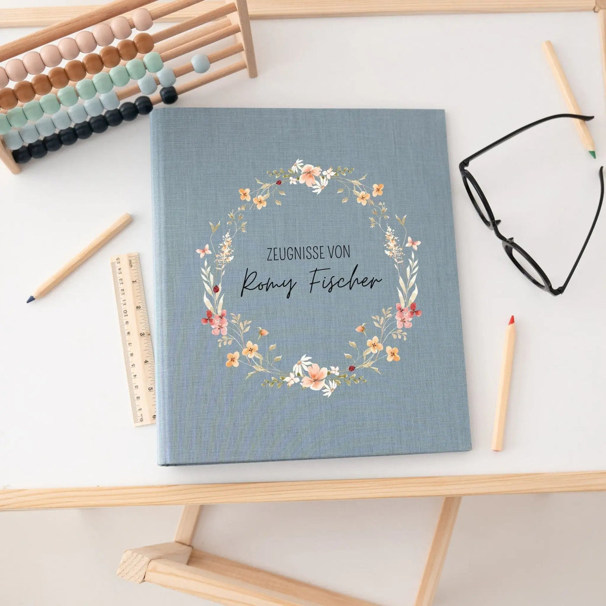 Zeugnismappe Stoff personalisiert - Blumenkranz Aquarell - wunderwunsch