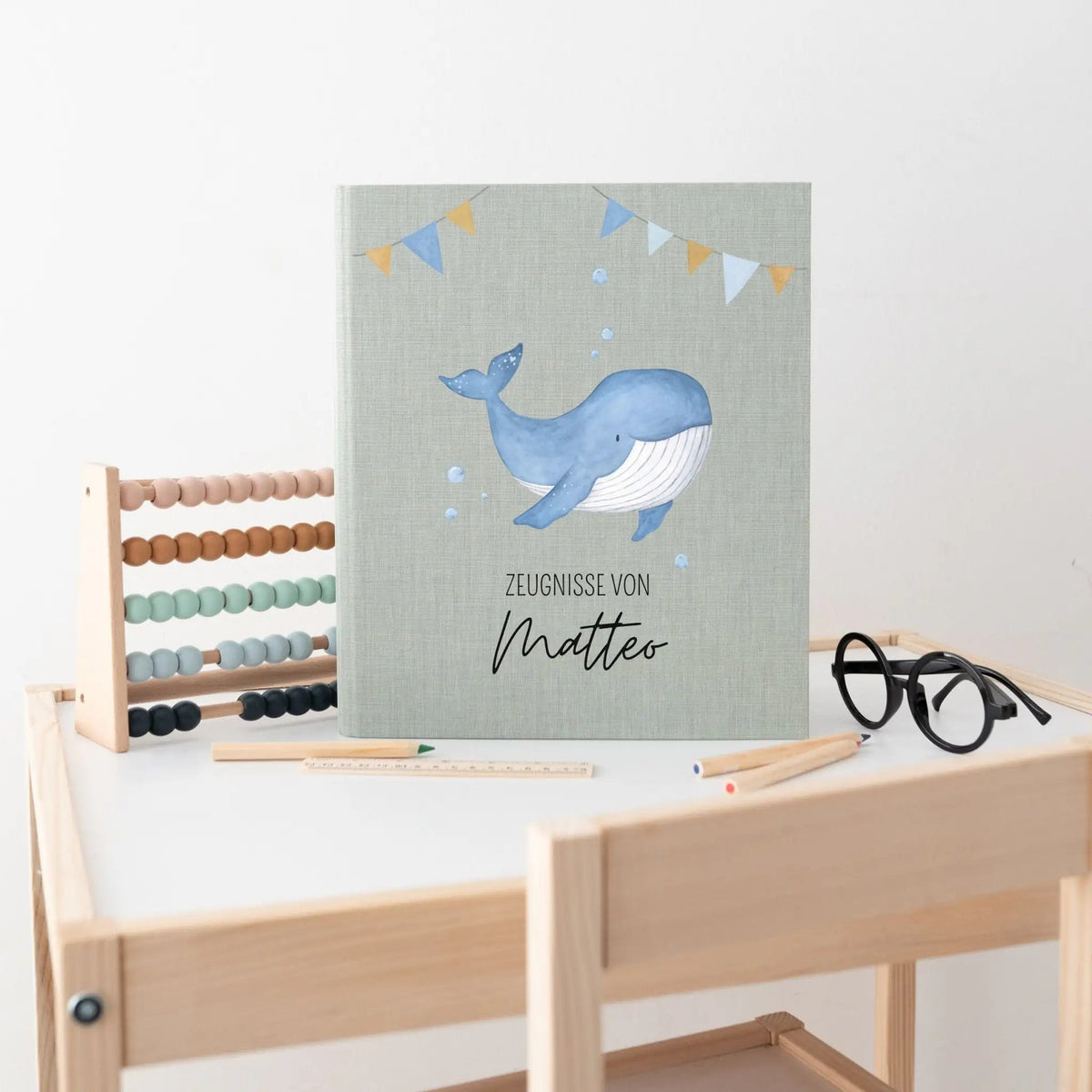 Zeugnismappe Stoff personalisiert - Wal Girlande Aquarell - wunderwunsch